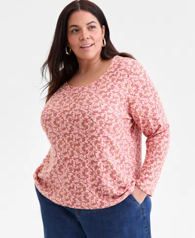 Style & Co Plus Size Printed Long-sleeve Top, Macy's Exclusive In Pink