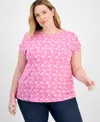 Style & Co Plus Size Printed Mixed-media Relaxed Top, Exclusively At Macy's In Pink