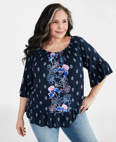 Style & Co Plus Size Printed On Off Top, Created For Macy's In Runway Blue