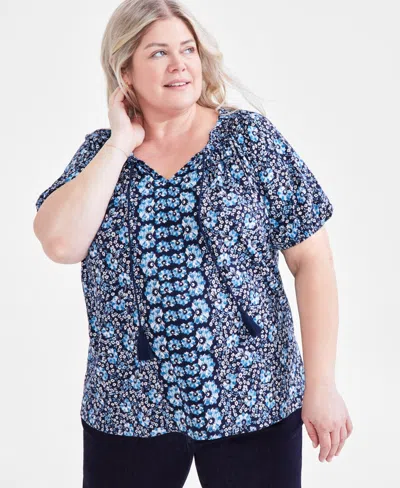 Style & Co Plus Size Printed Peasant Top, Created For Macy's In Runaway Shitake