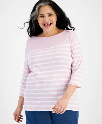 Style & Co Plus Size Printed Pima Cotton 3/4-sleeve Top, Created For Macy's In Nautical Lily Flower