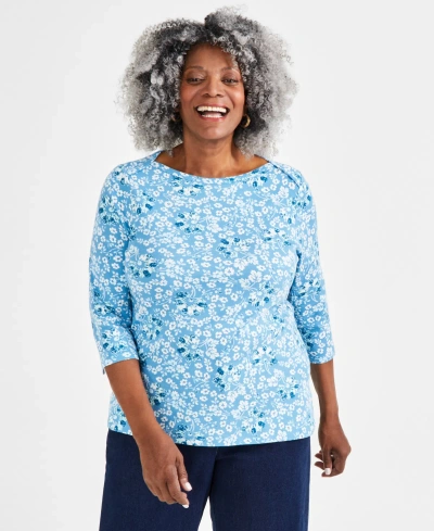 Style & Co Plus Size Printed Pima Cotton 3/4-sleeve Top, Created For Macy's In Pottery Flower