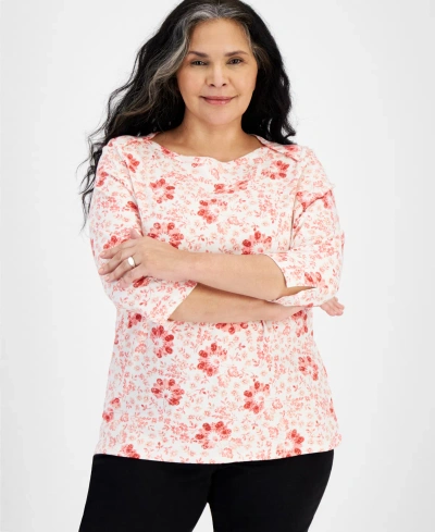 Style & Co Plus Size Printed Pima Cotton 3/4-sleeve Top, Created For Macy's In Pottery Shitake
