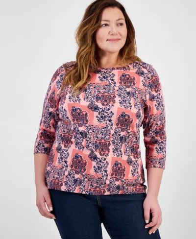 Style & Co Plus Size Printed Pima Cotton 3/4-sleeve Top, Exclusively At Macy's In Tonal Red
