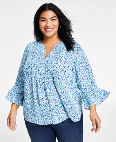 Style & Co Plus Size Printed Pintuck Blouse, Created For Macy's In Floral Green