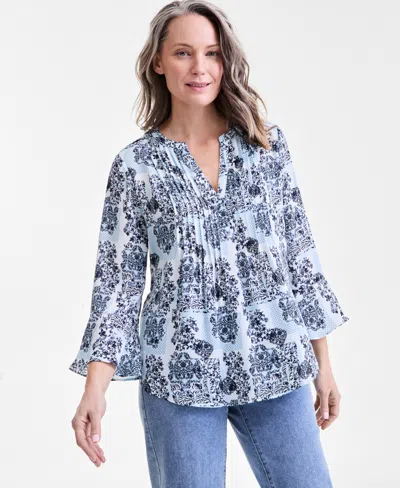 Style & Co Women's Printed Pintuck Ruffle Sleeve Top, Exclusively At Macy's In Blue Print