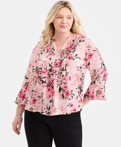 Style & Co Plus Size Printed Pintuck-front 3/4-sleeve Top, Macy's Exclusive In Multi