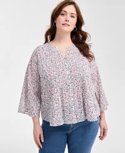 Style & Co Women's Cotton Printed Pintuck Top, Exclusively At Macy's In White Floral