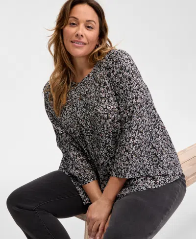 Style & Co Plus Size Printed Pintuck Top, Exclusively At Macy's In Ditsy Deep Black