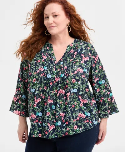 Style & Co Plus Size Printed Pintuck Top, Exclusively At Macy's In Floral Industrial Blue