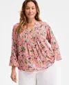 Style & Co Plus Size Printed Pintuck Top, Exclusively At Macy's In Floral Salmon