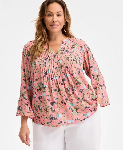 Style & Co Plus Size Printed Pintuck Top, Exclusively At Macy's In Floral Salmon