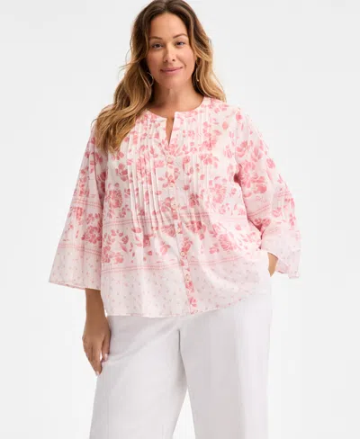 Style & Co Plus Size Printed Pintuck Top, Exclusively At Macy's In Floral Salmon