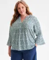 Style & Co Plus Size Printed Pintuck V-neck Top, Macy's Exclusive In Blue