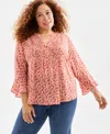 Style & Co Plus Size Printed Pintuck V-neck Top, Macy's Exclusive In Red