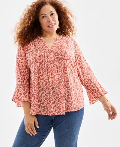 Style & Co Plus Size Printed Pintuck V-neck Top, Macy's Exclusive In Red