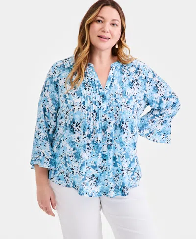 Style & Co Plus Size Printed Pintucked Top, Macy's Exclusive In Blue