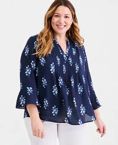 Style & Co Plus Size Printed Pintucked Top, Macy's Exclusive In Blue