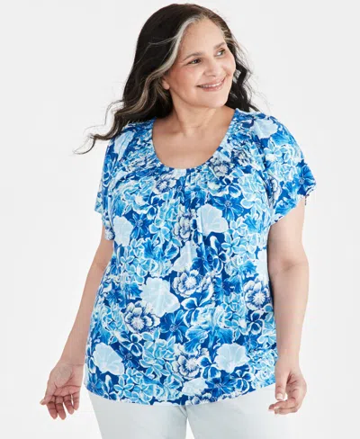 Style & Co Plus Size Printed Pleat-neck Flutter-sleeve Top, Created For Macy's In Gigi Cobalt