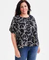 Style & Co Plus Size Printed Puff-sleeve Top, Exclusively At Macy's In Black