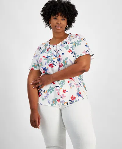Style & Co Plus Size Printed Round-neck Flutter-sleeve Top, Created For Macy's In Floral Shiitake