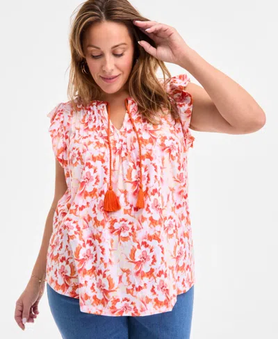 Style & Co Plus Size Printed Ruffle Pintuck Top, Exclusively At Macy's In Orange