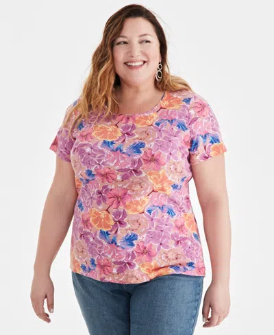 Style & Co Plus Size Printed Scoop-neck Knit Top, Created For Macy's In Gigi Blush