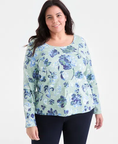 Style & Co Plus Size Printed Scoop-neck Long-sleeve Top, Exclusively At Macy's In Green
