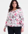 Style & Co Plus Size Printed Scoop-neck Long-sleeve Top, Exclusively At Macy's In White