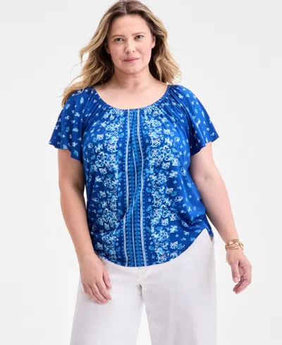 Style & Co Plus Size Printed Scoop-neck Shirred Top, Exclusively At Macy's