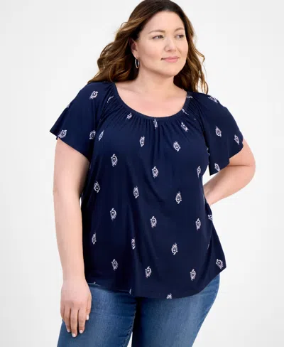 Style & Co Plus Size Printed Scoop-neck Shirred Top, Exclusively At Macy's In Blue