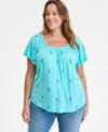 Style & Co Plus Size Printed Scoop-neck Shirred Top, Exclusively At Macy's In Blue