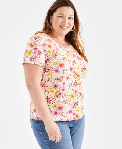 Style & Co Plus Size Printed Scoop-neck Top, Created For Macy's In Sea Coral