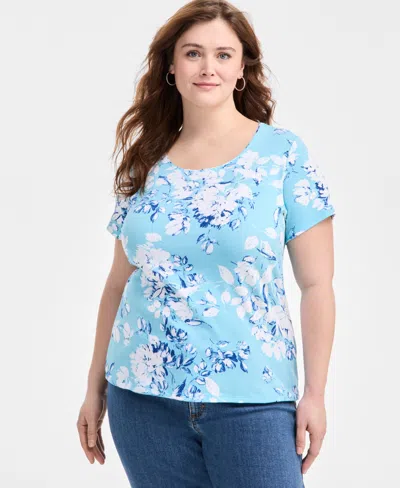 Style & Co Plus Size Printed Scoop-neck Top, Exclusively At Macy's In Alice Aqua