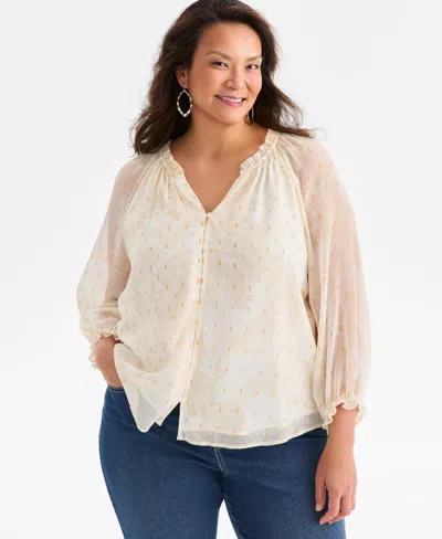 Style & Co Plus Size Printed Shine Ruffled Top, Macy's Exclusive In Neutral