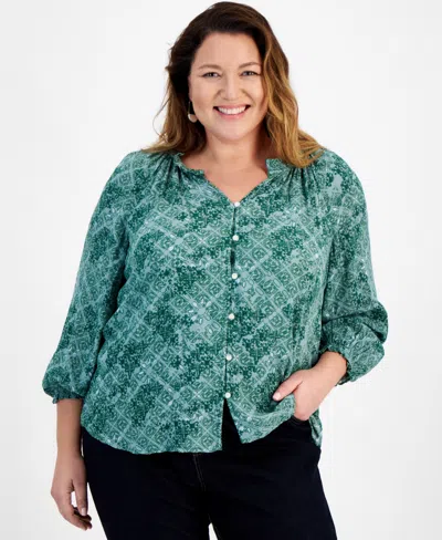 Style & Co Plus Size Scandi Tile Shine V-neck Blouse, Created For Macy's In Scandi Thyme