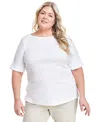 Style & Co Plus Size Boat-neck Elbow Sleeve Cotton Top, Exclusively At Macy's In Bright White