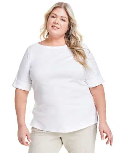Style & Co Plus Size Boat-neck Elbow Sleeve Cotton Top, Exclusively At Macy's In Bright White
