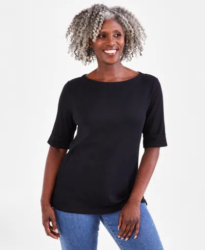 Style & Co Plus Size Boat-neck Elbow Sleeve Cotton Top, Exclusively At Macy's In Deep Black