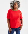 Style & Co Plus Size Boat-neck Elbow Sleeve Cotton Top, Exclusively At Macy's In Gumball Red
