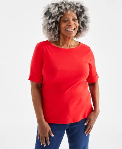 Style & Co Plus Size Boat-neck Elbow Sleeve Cotton Top, Exclusively At Macy's In Gumball Red