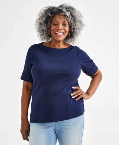 Style & Co Plus Size Boat-neck Elbow Sleeve Cotton Top, Exclusively At Macy's In Industrial Blue