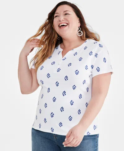 Style & Co Plus Size Printed Short-sleeve Henley Top, Created For Macy's In Ikat White