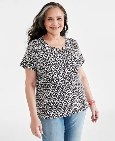 Style & Co Plus Size Printed Short-sleeve Henley Top, Created For Macy's In Rep Ikat Black