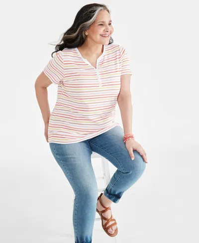 Style & Co Plus Size Printed Short-sleeve Henley Top, Created For Macy's In Stripe White