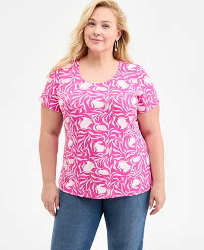 Style & Co Plus Size Printed Short-sleeve Top, Exclusively At Macy's In Pink