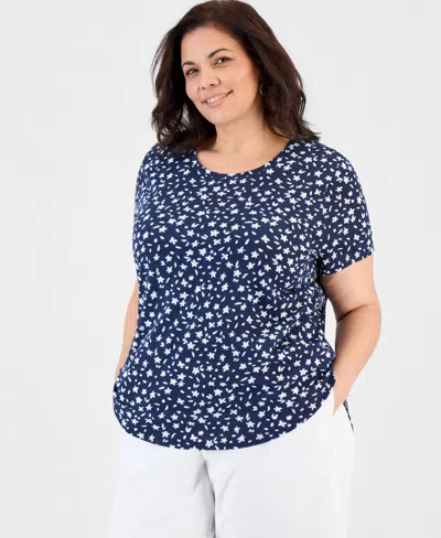 Style & Co Plus Size Printed Short-sleeve Crewneck T-shirt, Macy's Exclusive In Blue