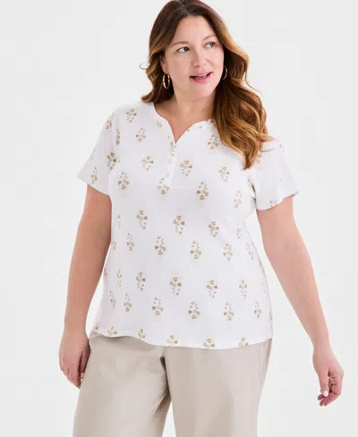Style & Co Plus Size Printed Short-sleeve Henley T-shirt, Macy's Exclusive In White