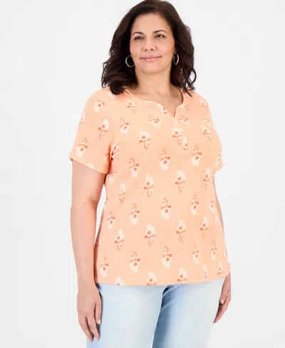 Style & Co Plus Size Printed Short-sleeve Henley T-shirt, Macy's Exclusive In Neutral