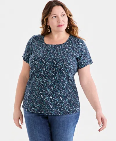 Style & Co Plus Size Printed Short-sleeve T-shirt, Macy's Exclusive In Blue